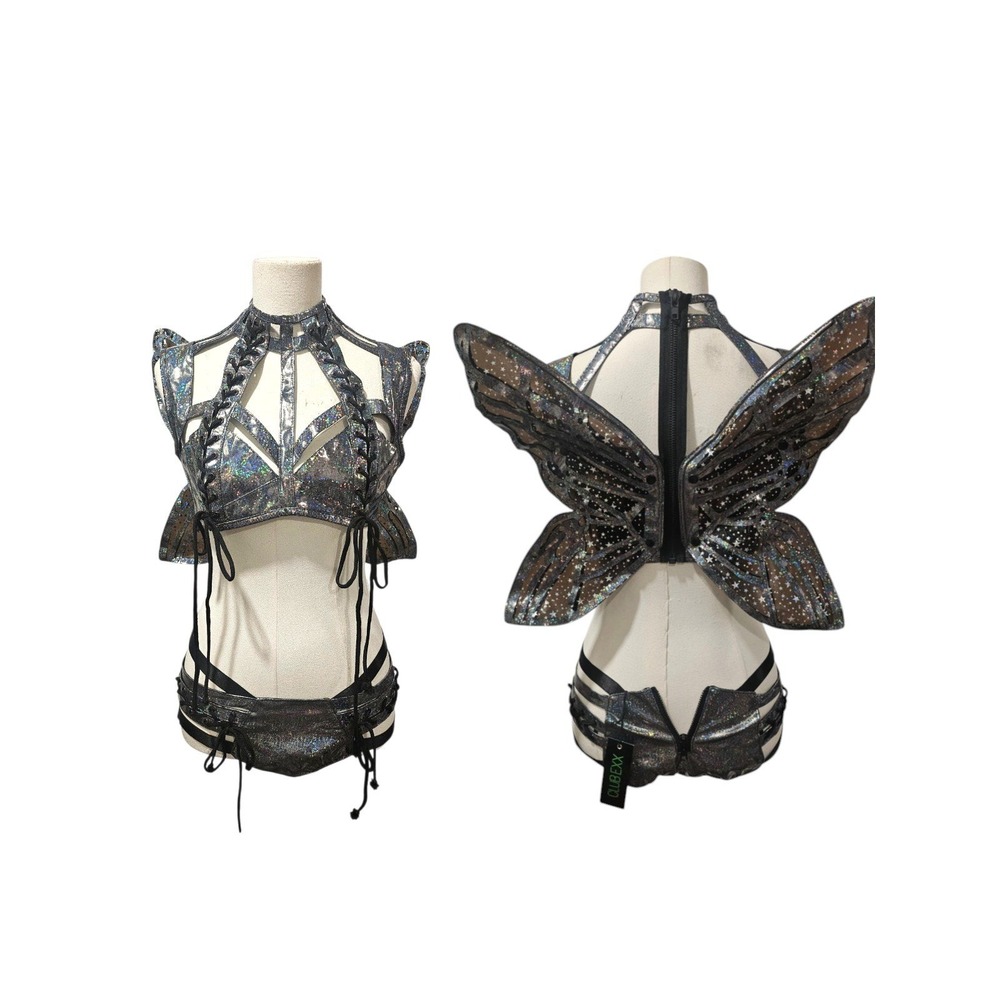 Dolls Kill Club Exx Silver Holographic Butterfly Wing Rav Set Top M Bottom S NWT